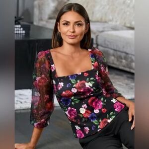 Boston Proper Organza Sheer Sleeve Scuba Floral Top - Black/Multi S